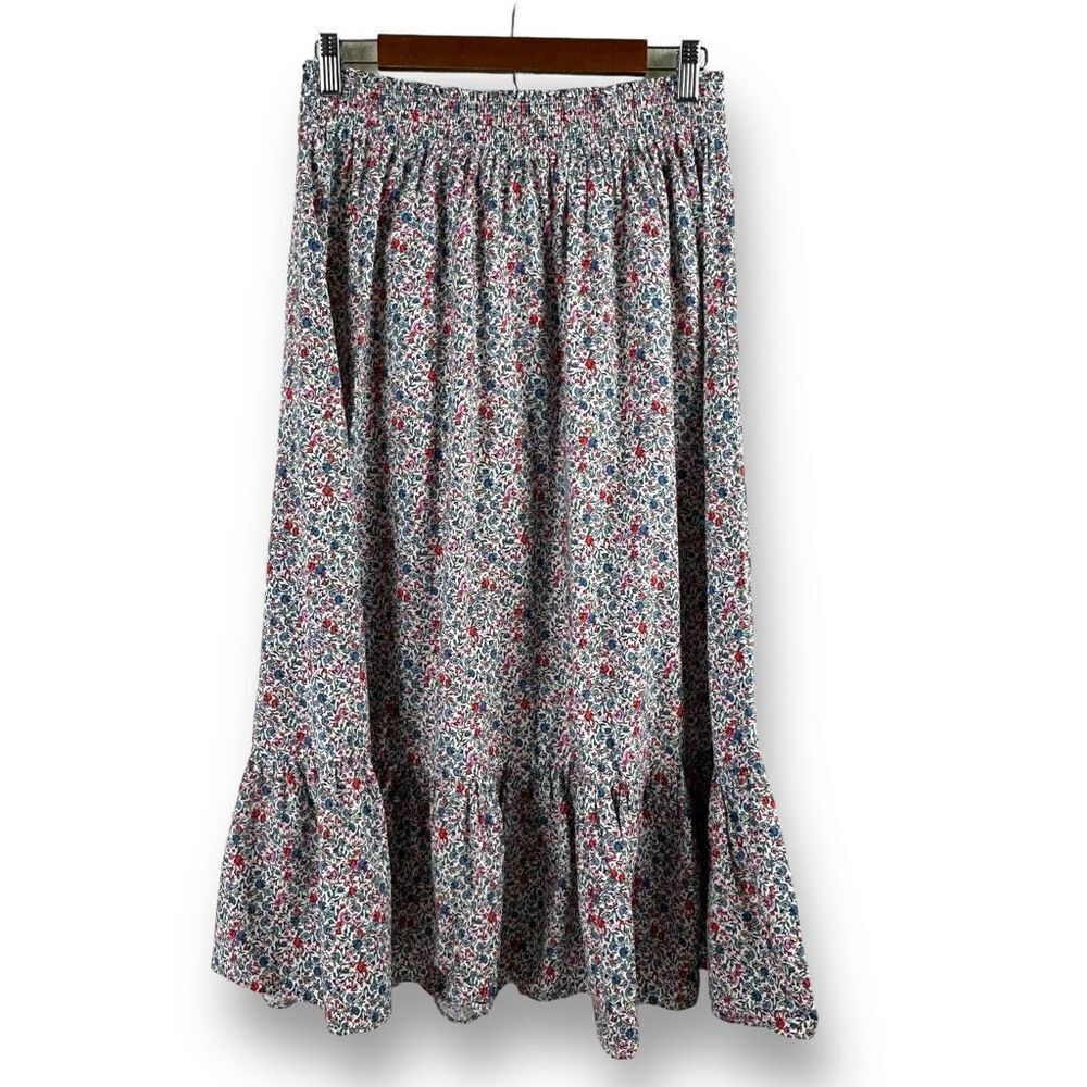 Loft Women's M Smocked Waist Tiered Maxi Skirt Blue Pink‎ Microfloral Prairie